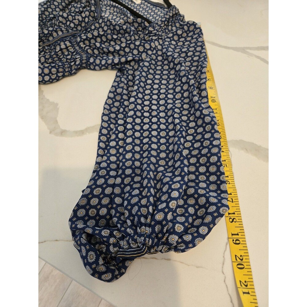 Max Studio Size L Blue Geo Print Smocked Waist V-Neck Long Sleeve Blouse Top - Picture 11 of 12